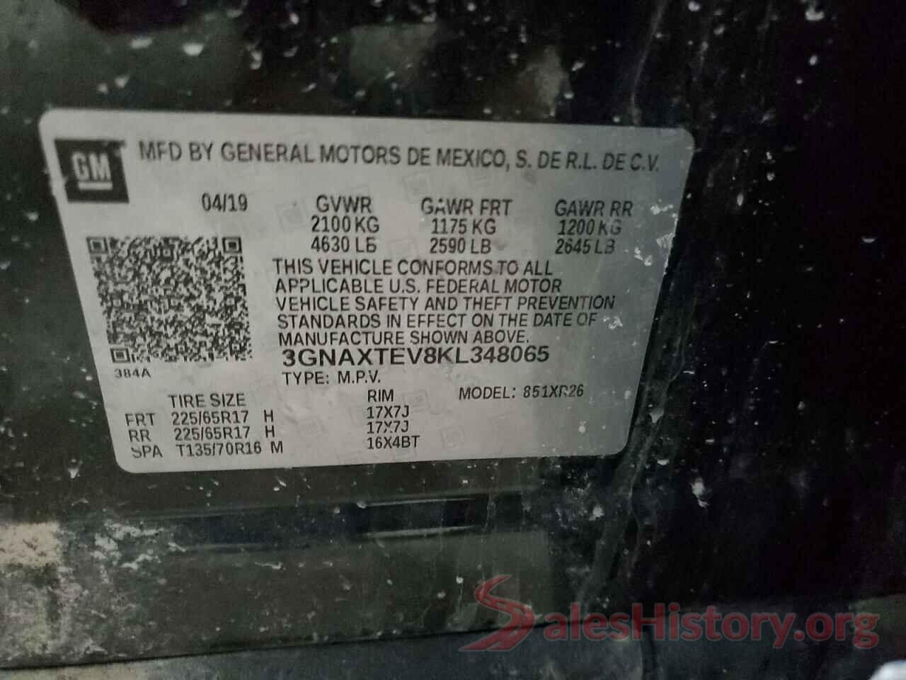 3GNAXTEV8KL348065 2019 CHEVROLET EQUINOX