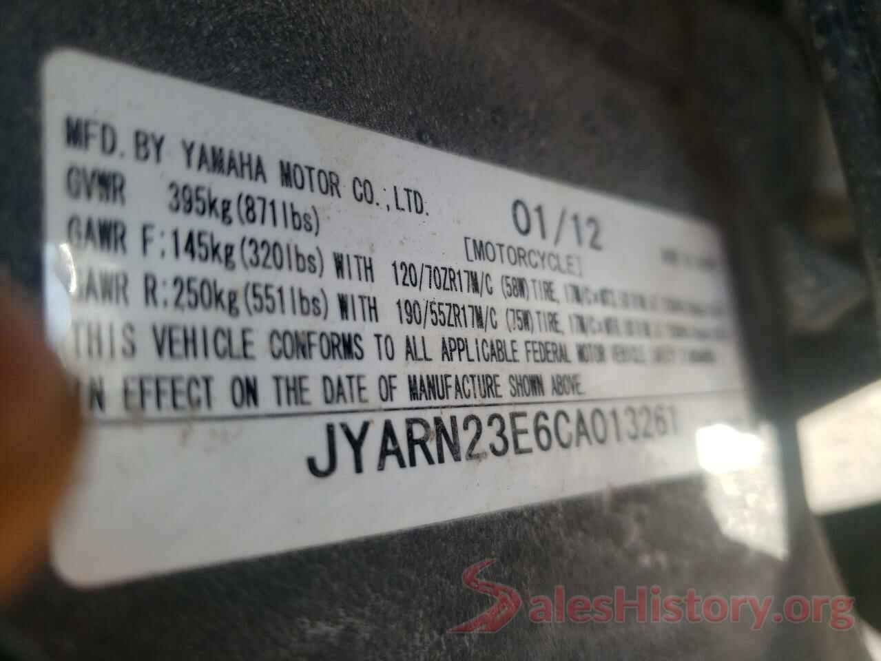 JYARN23E6CA013261 2012 YAMAHA YZF1000