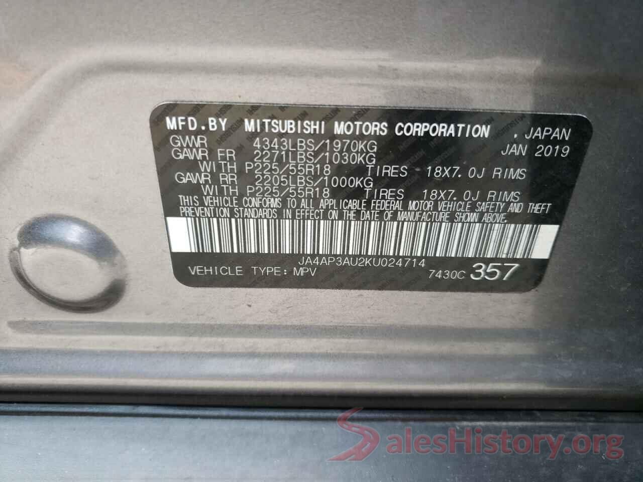 JA4AP3AU2KU024714 2019 MITSUBISHI OUTLANDER