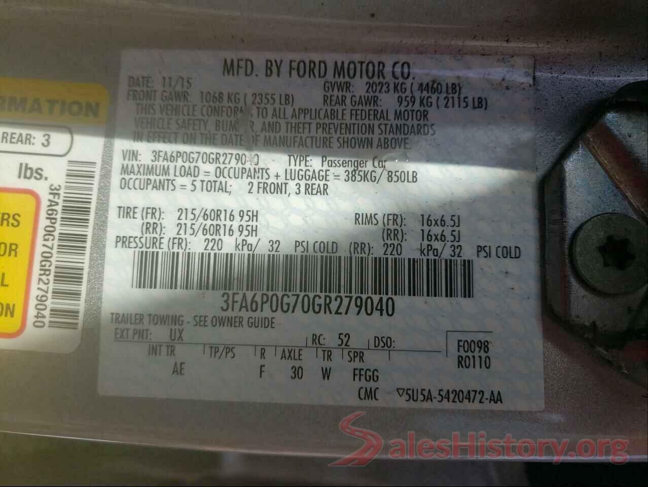 3FA6P0G70GR279040 2016 FORD FUSION