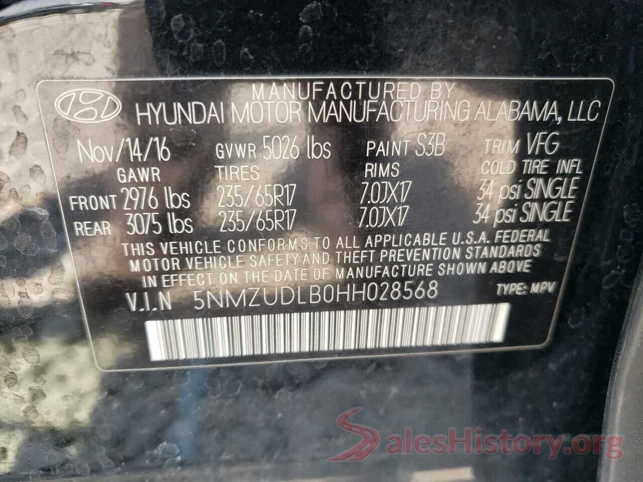 5NMZUDLB0HH028568 2017 HYUNDAI SANTA FE