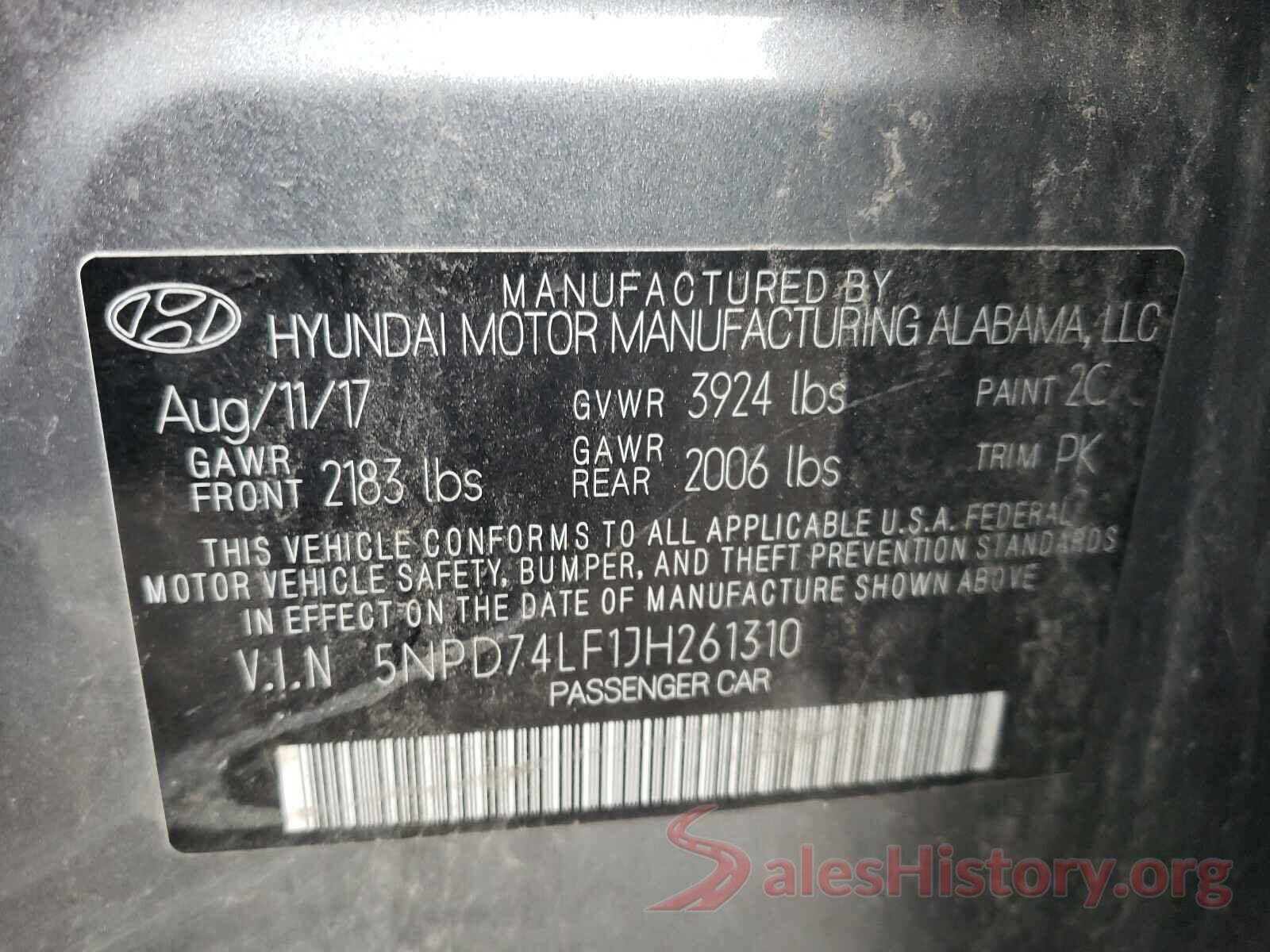 5NPD74LF1JH261310 2018 HYUNDAI ELANTRA