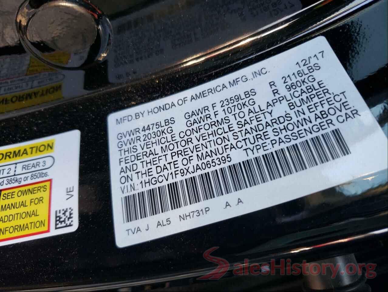 1HGCV1F9XJA065395 2018 HONDA ACCORD