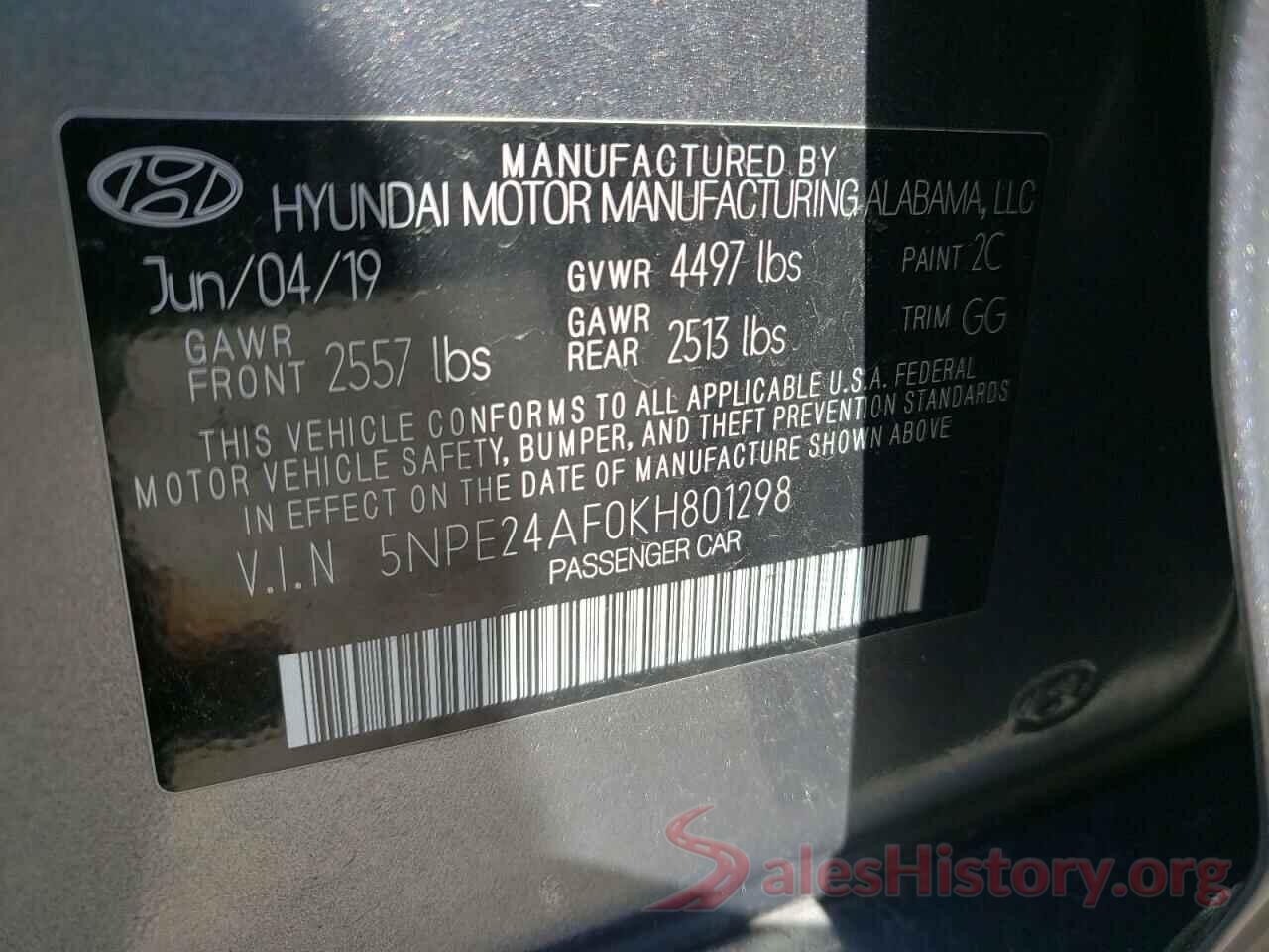 5NPE24AF0KH801298 2019 HYUNDAI SONATA