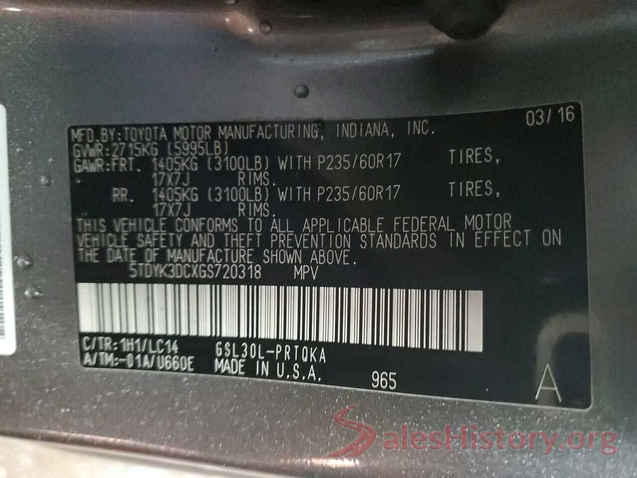 5TDYK3DCXGS720318 2016 TOYOTA SIENNA