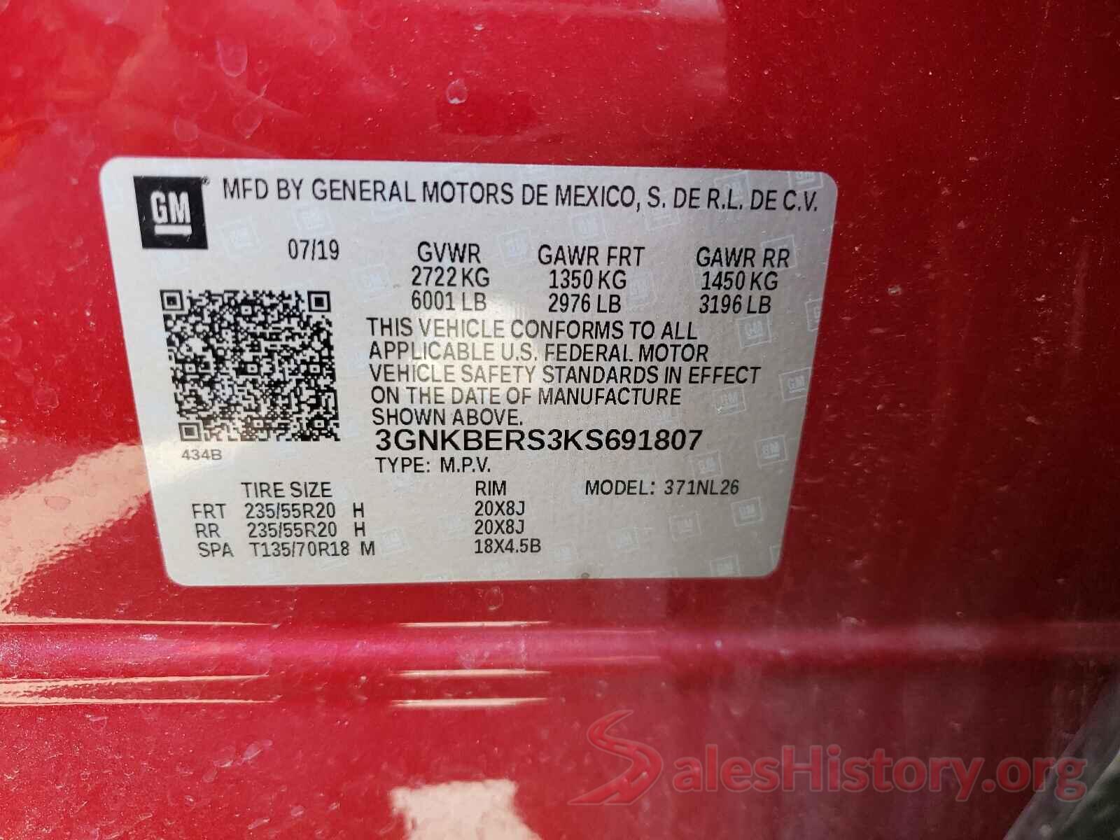 3GNKBERS3KS691807 2019 CHEVROLET BLAZER