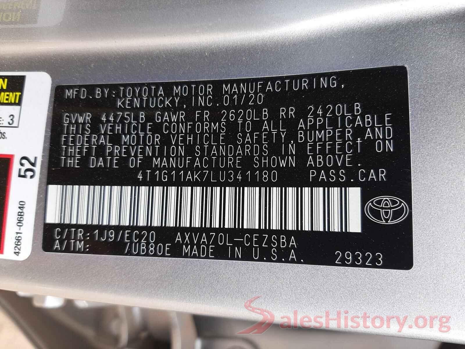 4T1G11AK7LU341180 2020 TOYOTA CAMRY