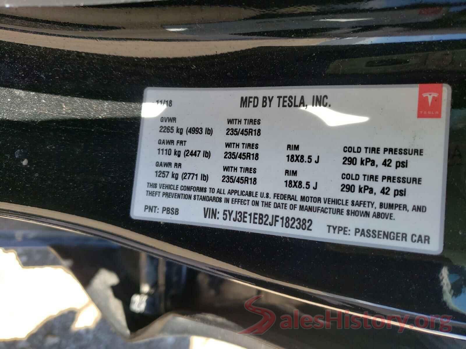 5YJ3E1EB2JF182382 2018 TESLA MODEL 3