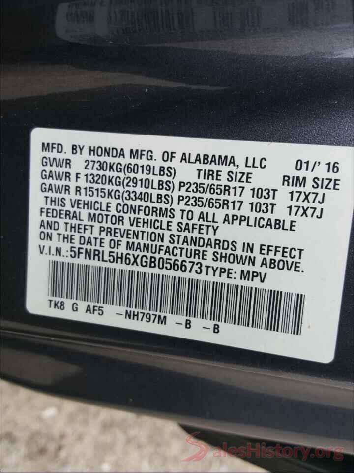 5FNRL5H6XGB056673 2016 HONDA ODYSSEY