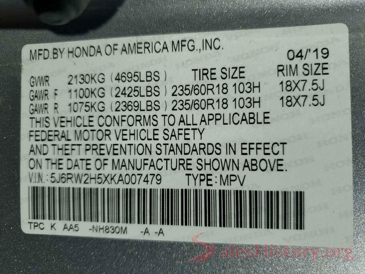 5J6RW2H5XKA007479 2019 HONDA CRV