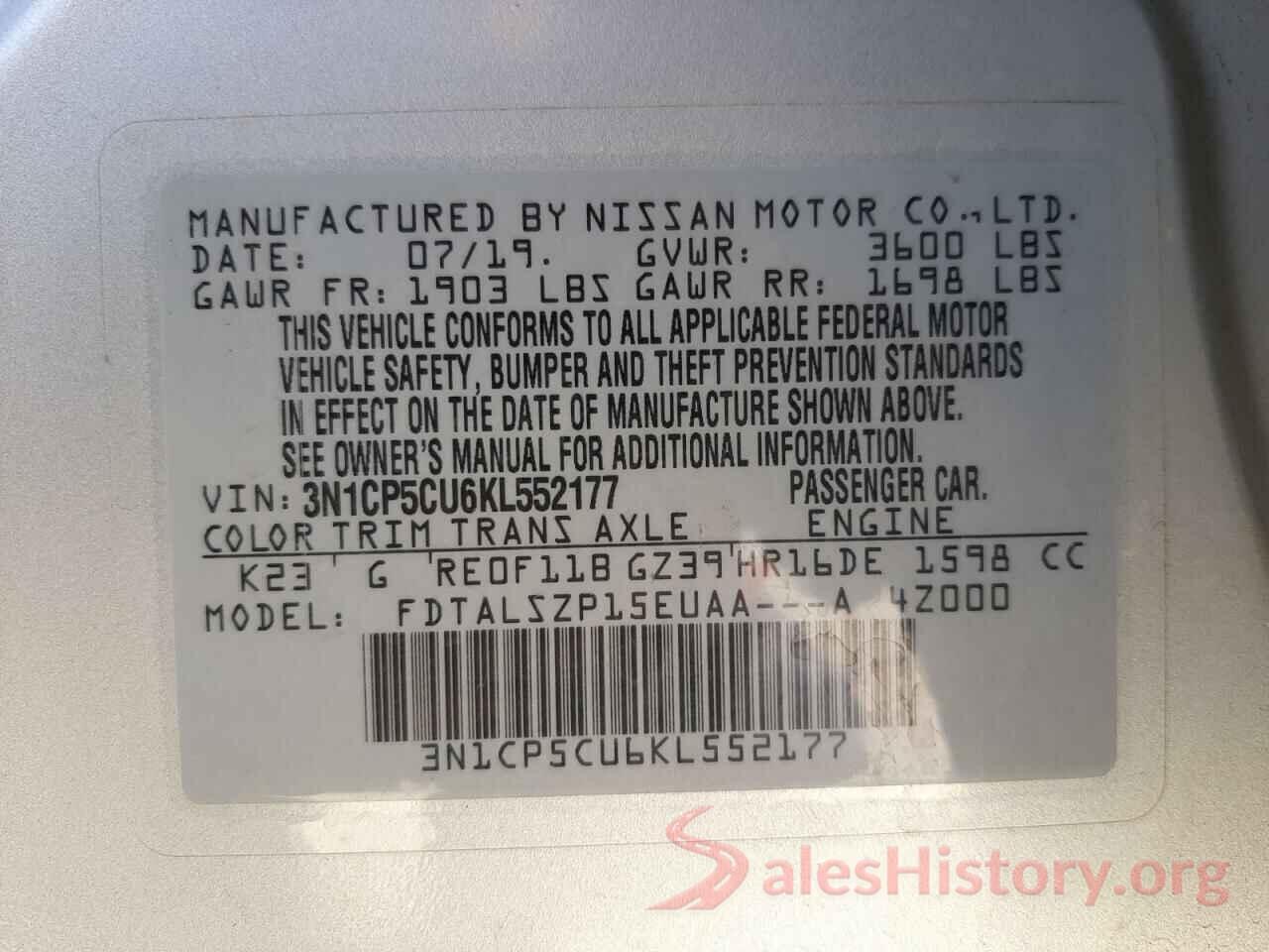 3N1CP5CU6KL552177 2019 NISSAN KICKS