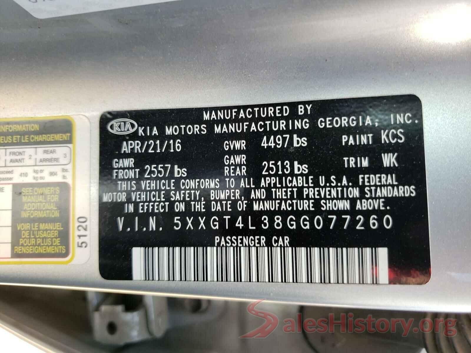 5XXGT4L38GG077260 2016 KIA OPTIMA