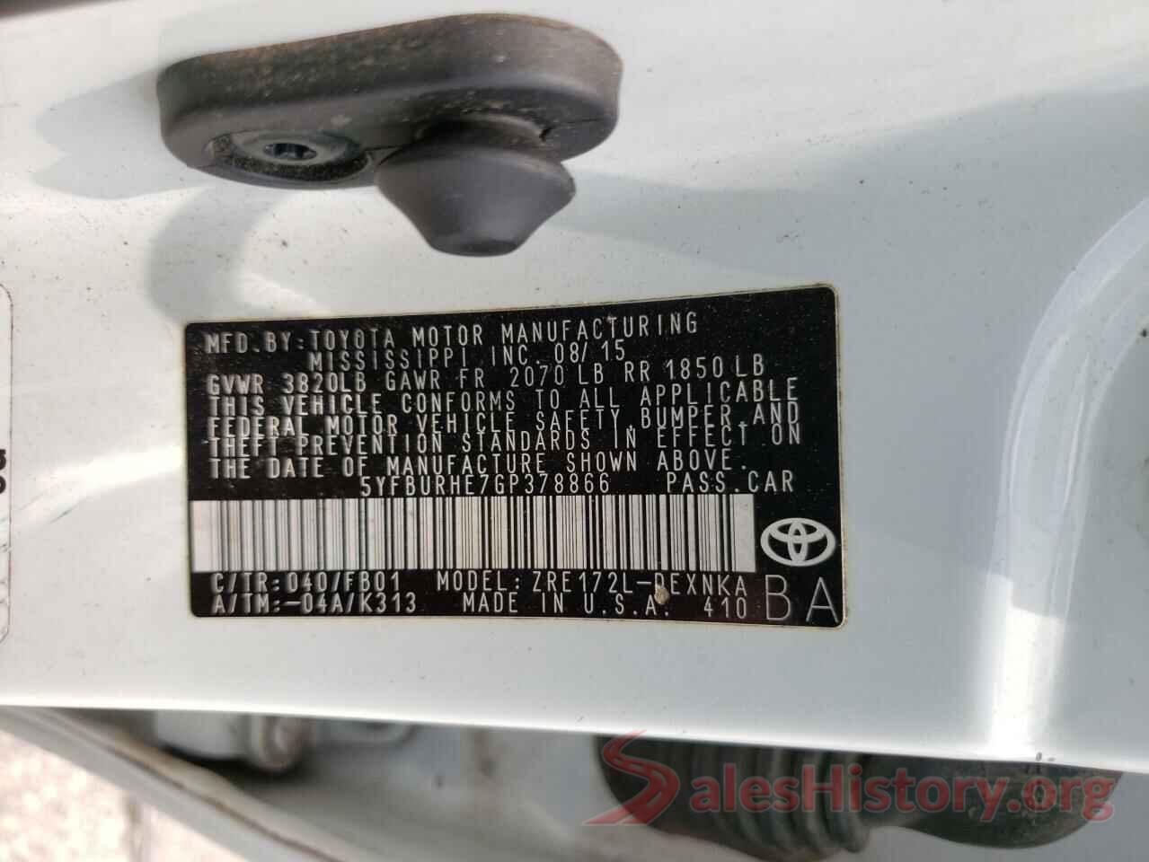 5YFBURHE7GP378866 2016 TOYOTA COROLLA