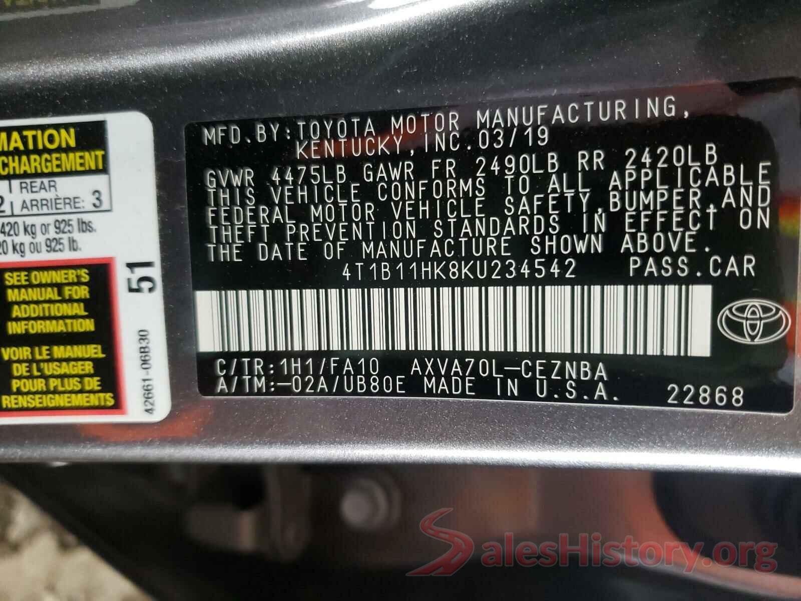 4T1B11HK8KU234542 2019 TOYOTA CAMRY