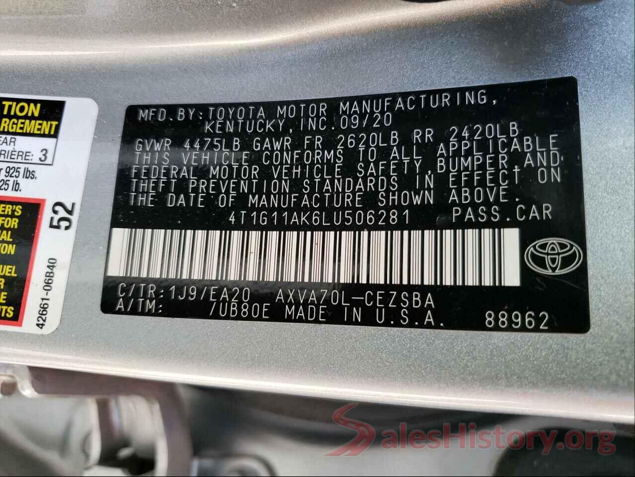 4T1G11AK6LU506281 2020 TOYOTA CAMRY