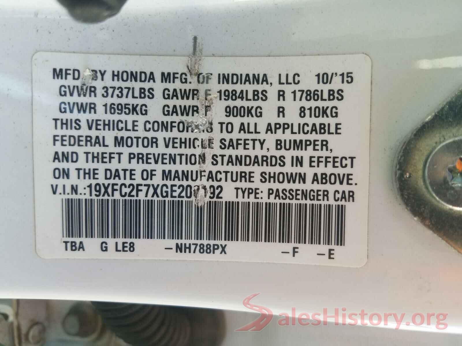 19XFC2F7XGE200192 2016 HONDA CIVIC