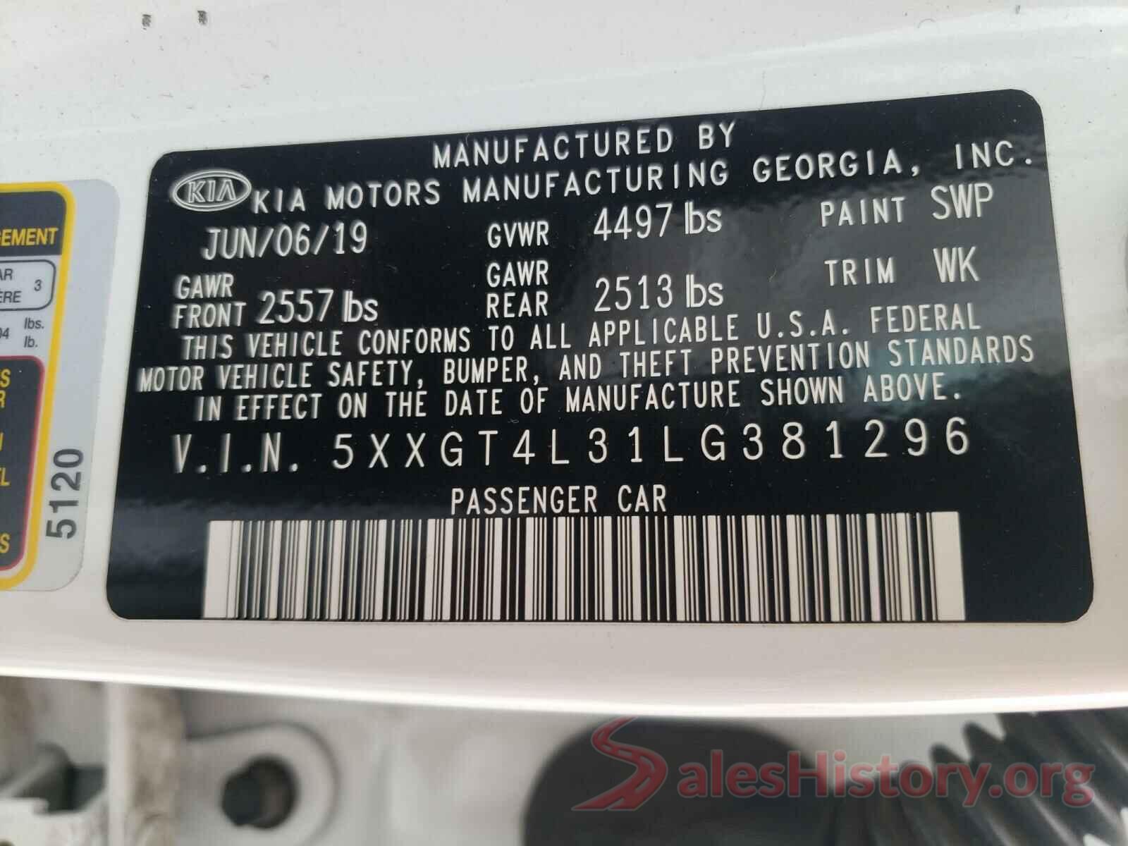 5XXGT4L31LG381296 2020 KIA OPTIMA