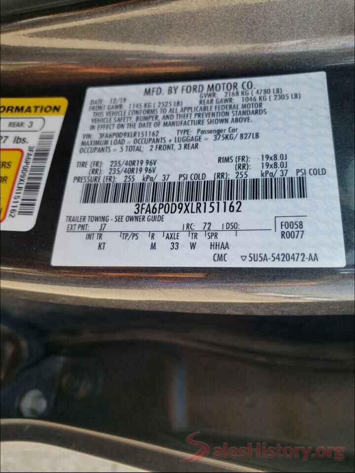 3FA6P0D9XLR151162 2020 FORD FUSION