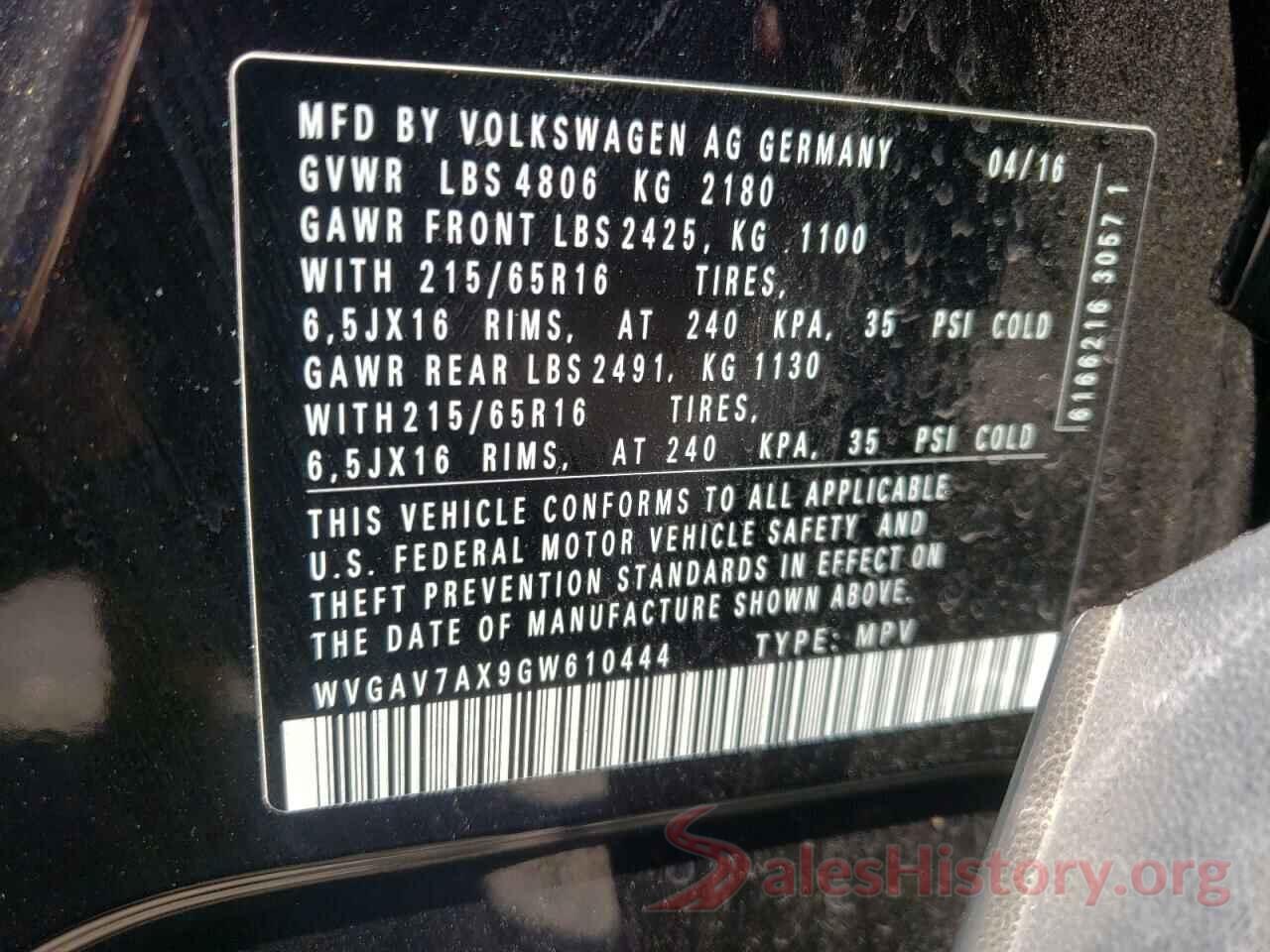 WVGAV7AX9GW610444 2016 VOLKSWAGEN TIGUAN