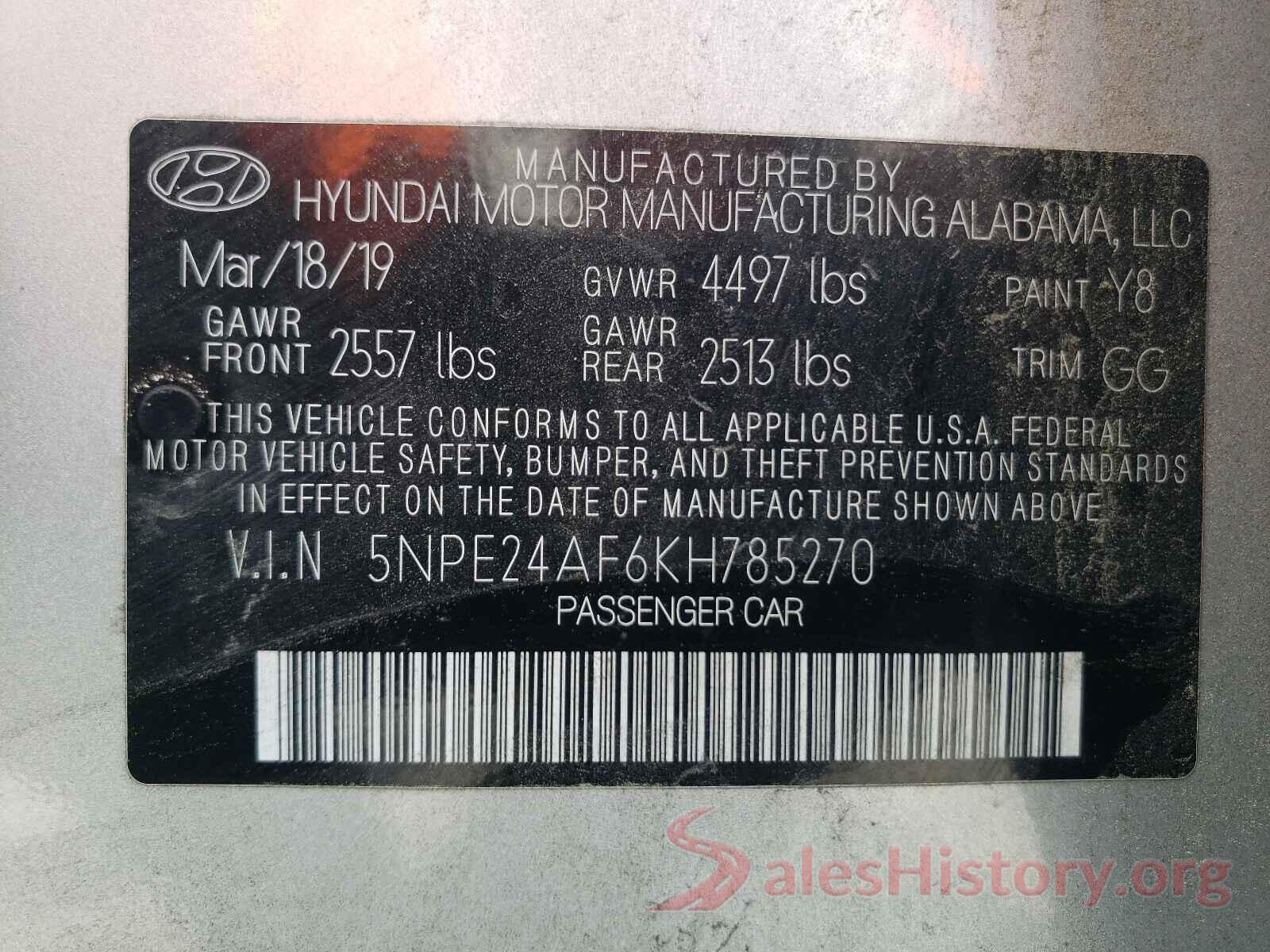 5NPE24AF6KH785270 2019 HYUNDAI SONATA