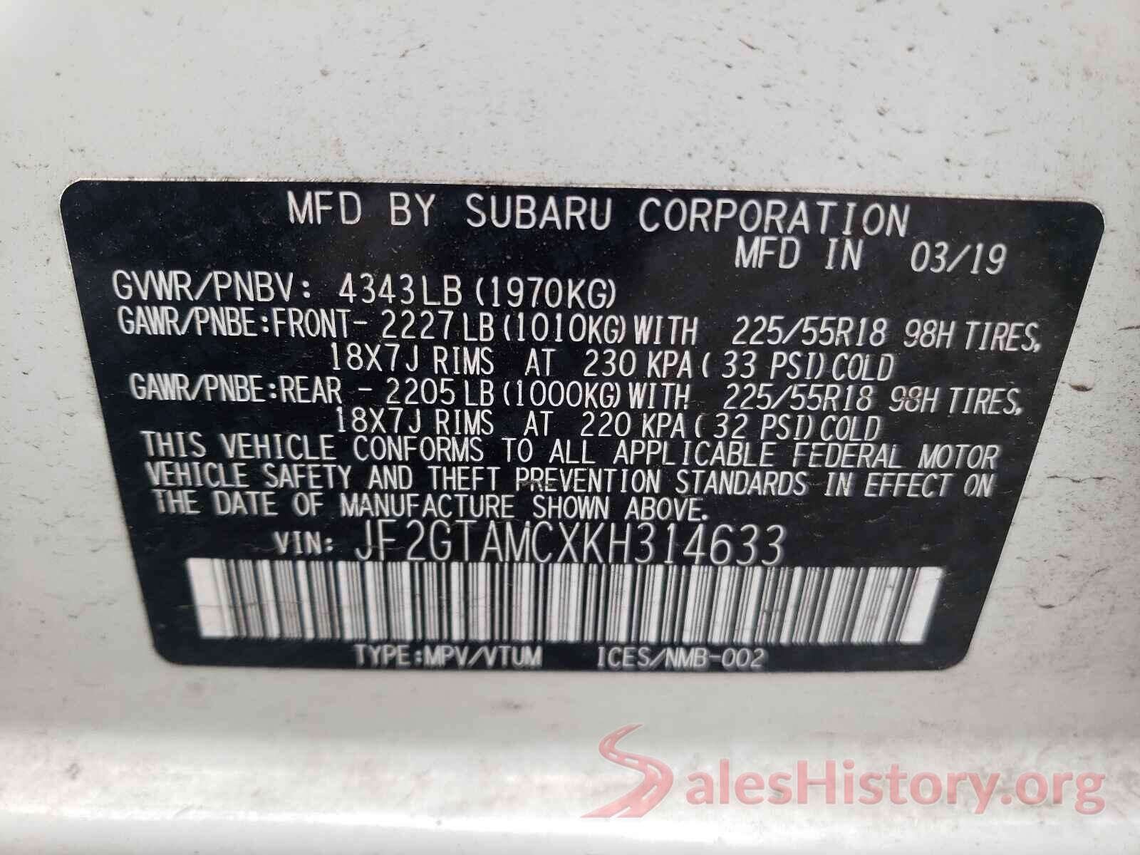 JF2GTAMCXKH314633 2019 SUBARU CROSSTREK