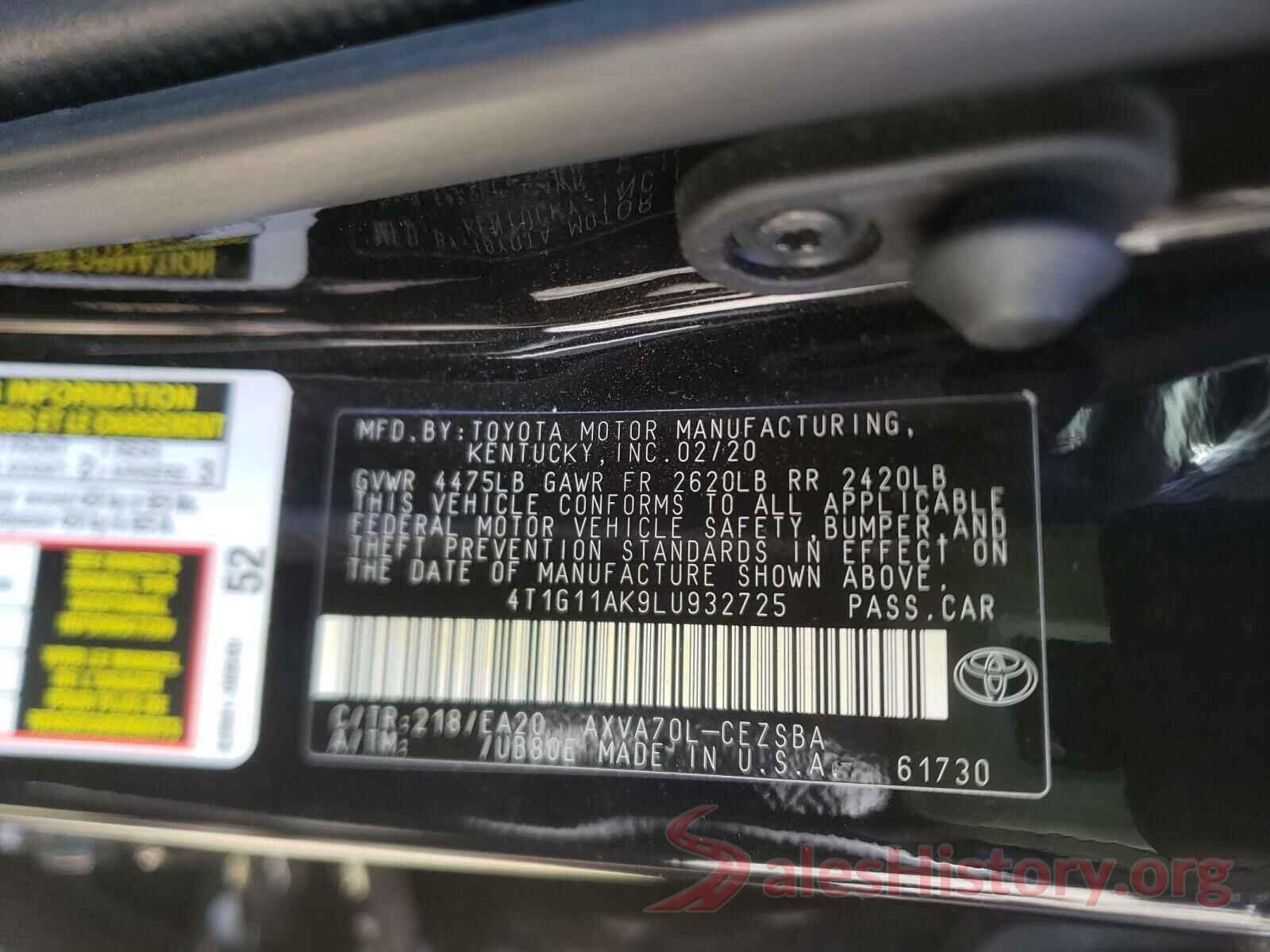 4T1G11AK9LU932725 2020 TOYOTA CAMRY