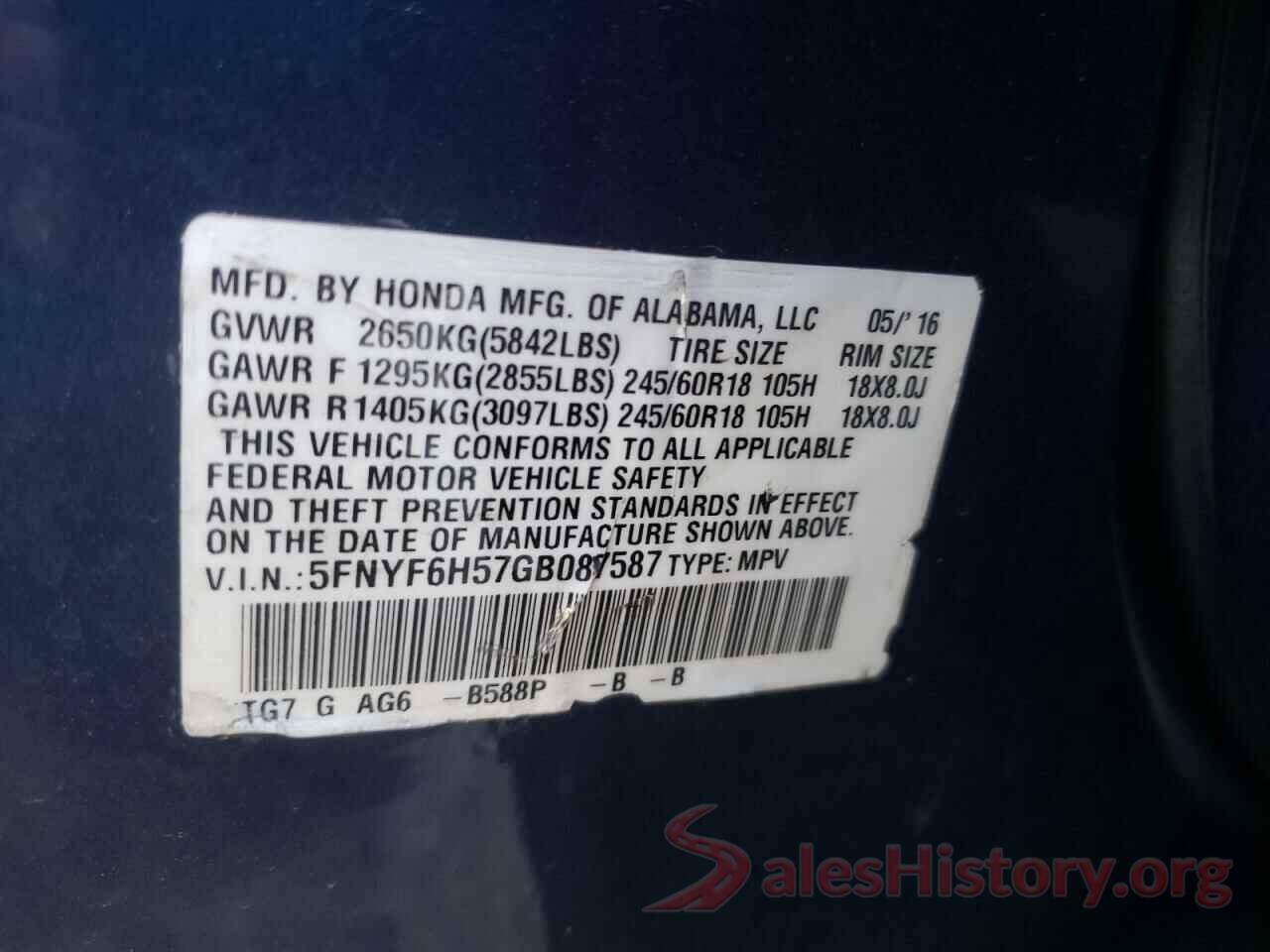 5FNYF6H57GB087587 2016 HONDA PILOT