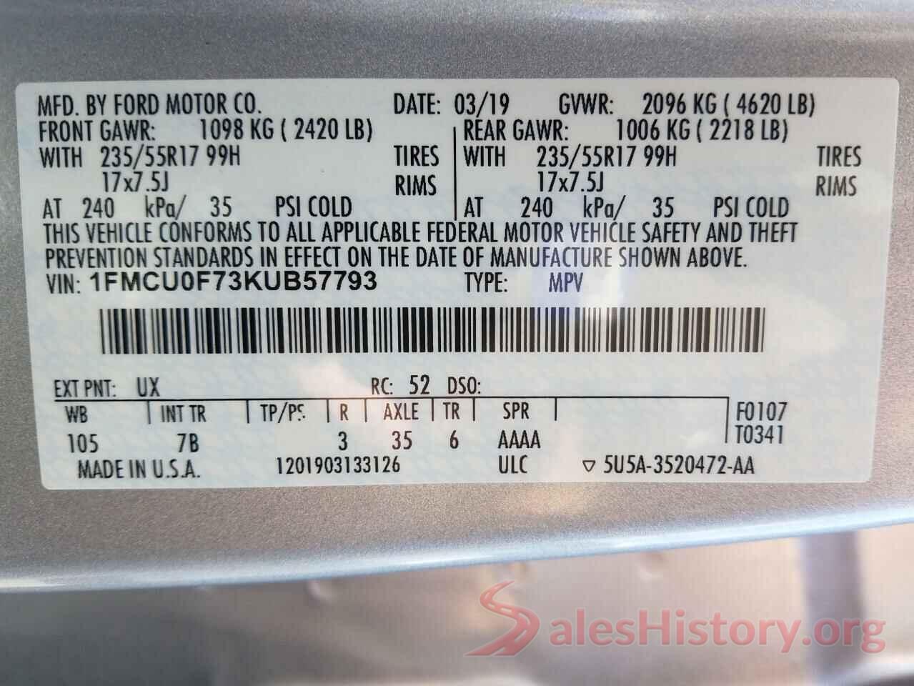 1FMCU0F73KUB57793 2019 FORD ESCAPE