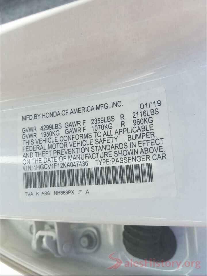 1HGCV1F12KA047436 2019 HONDA ACCORD