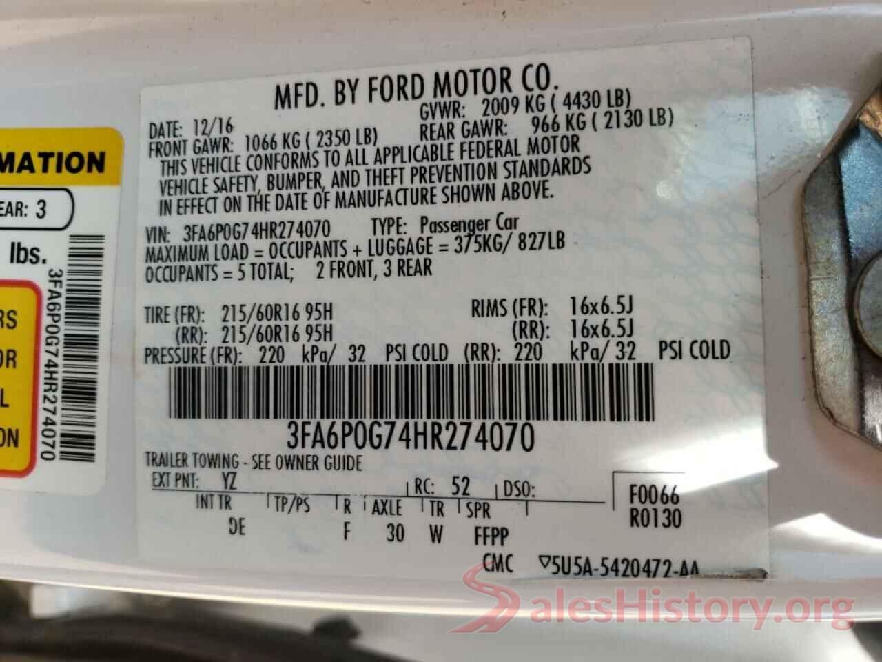 3FA6P0G74HR274070 2017 FORD FUSION