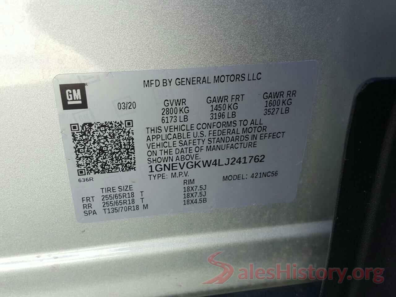 1GNEVGKW4LJ241762 2020 CHEVROLET TRAVERSE