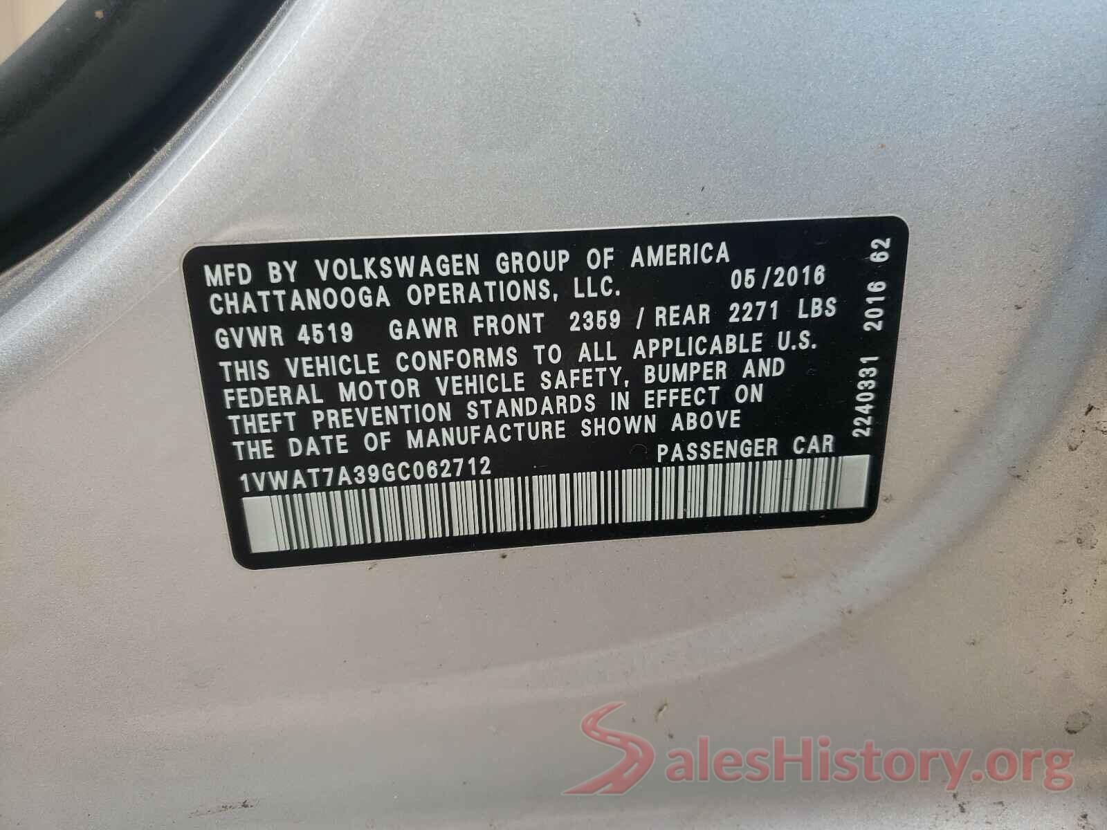 1VWAT7A39GC062712 2016 VOLKSWAGEN PASSAT