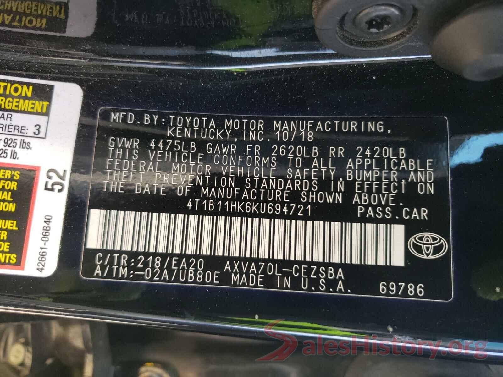 4T1B11HK6KU694721 2019 TOYOTA CAMRY