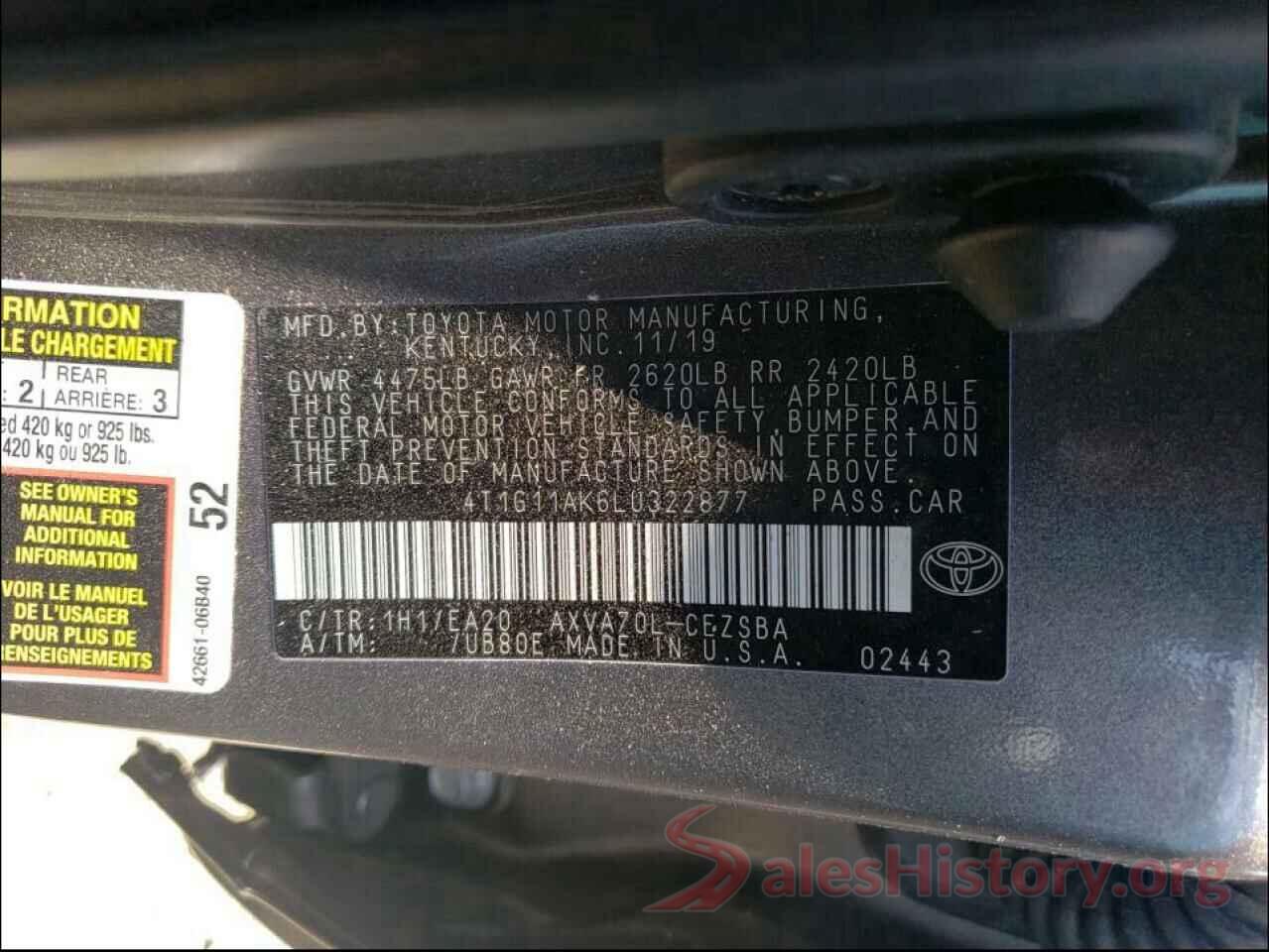 4T1G11AK6LU322877 2020 TOYOTA CAMRY