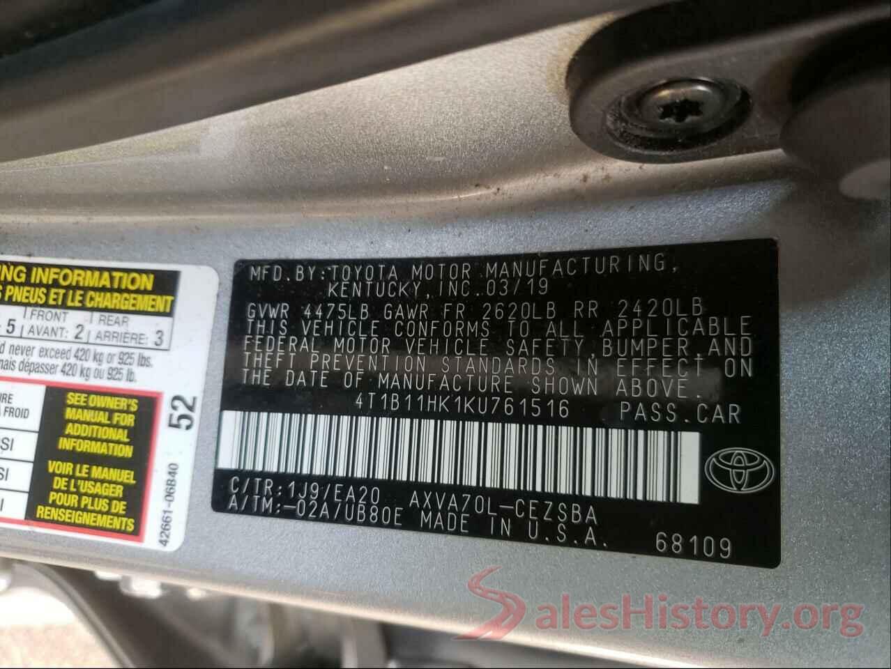 4T1B11HK1KU761516 2019 TOYOTA CAMRY