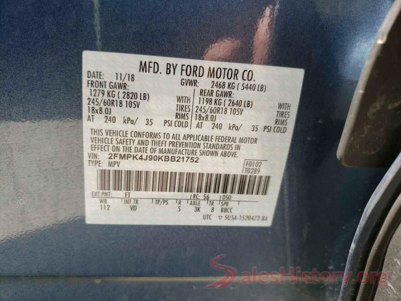 2FMPK4J90KBB21752 2019 FORD EDGE