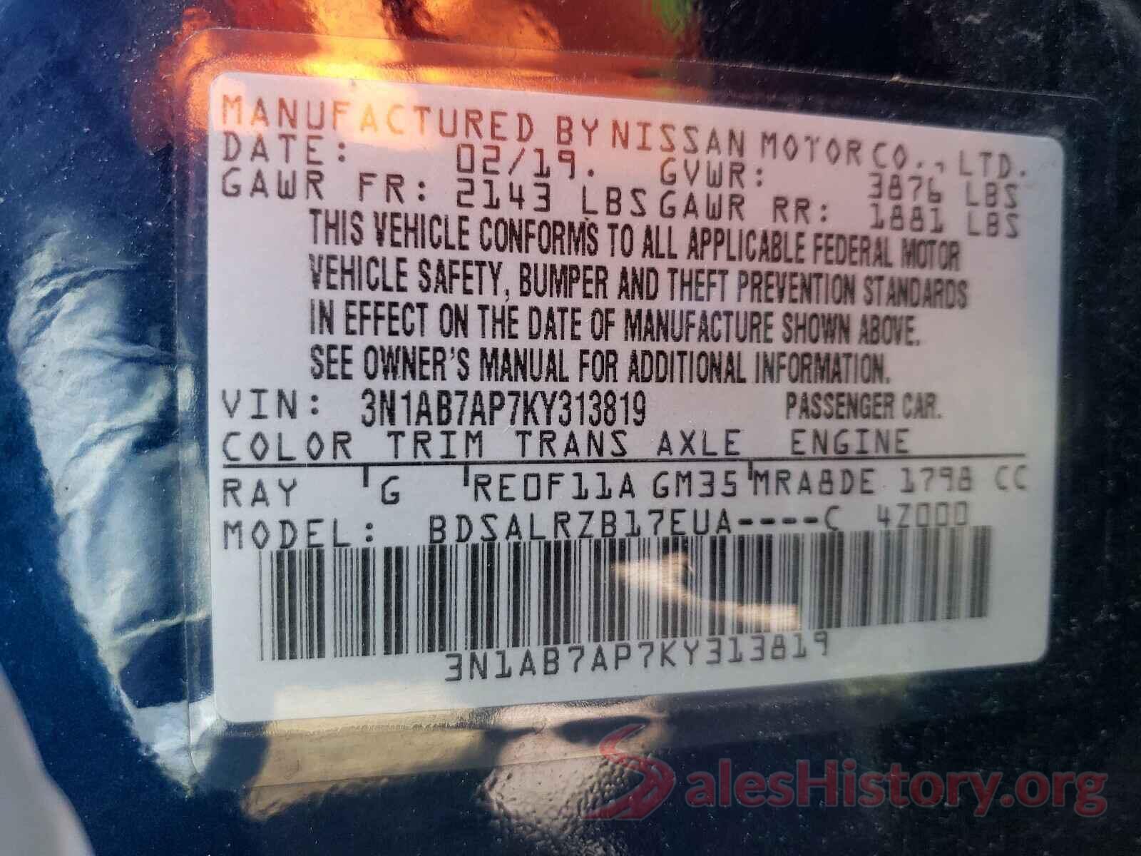 3N1AB7AP7KY313819 2019 NISSAN SENTRA