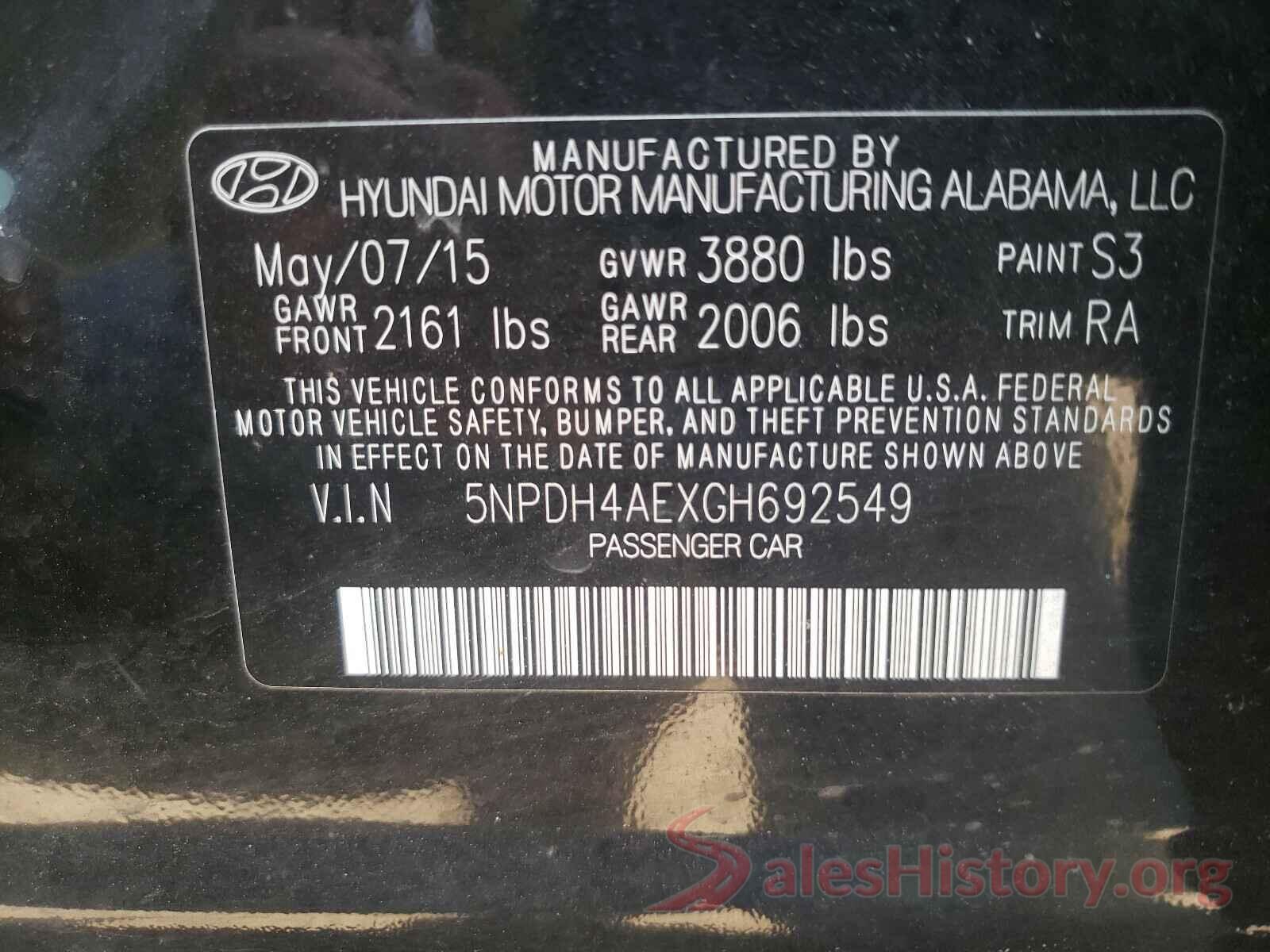 5NPDH4AEXGH692549 2016 HYUNDAI ELANTRA