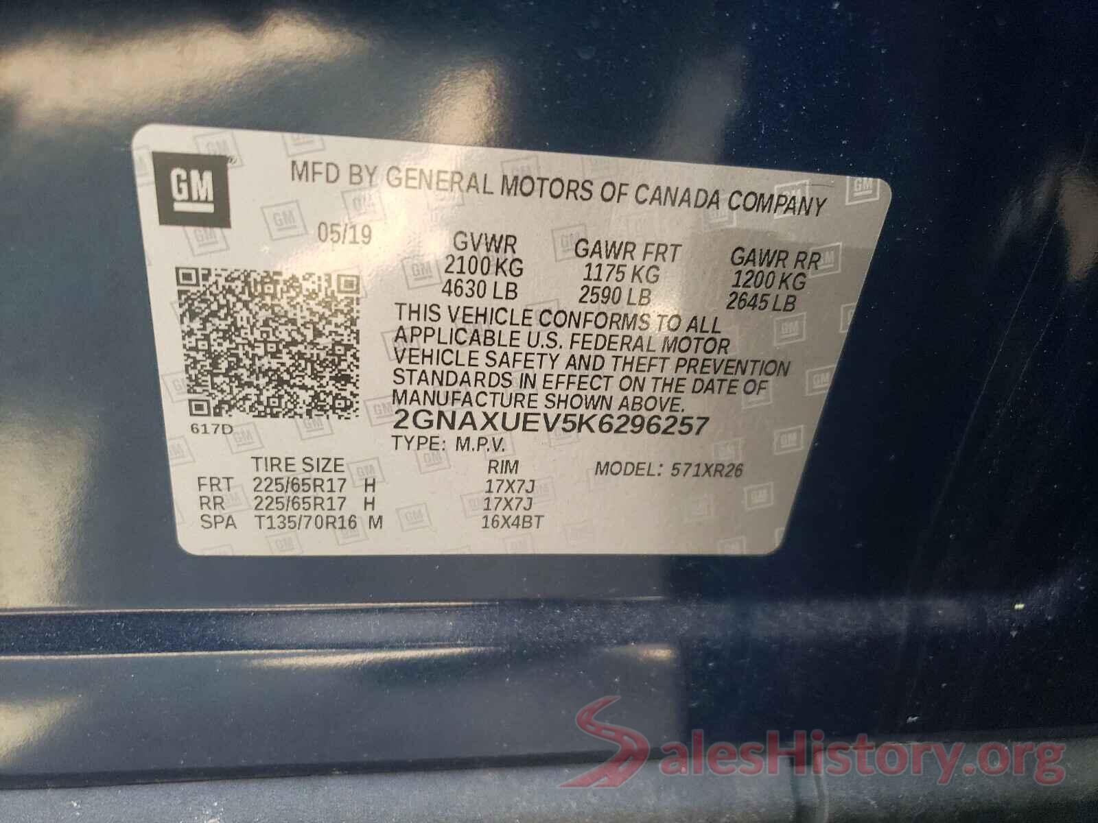 2GNAXUEV5K6296257 2019 CHEVROLET EQUINOX