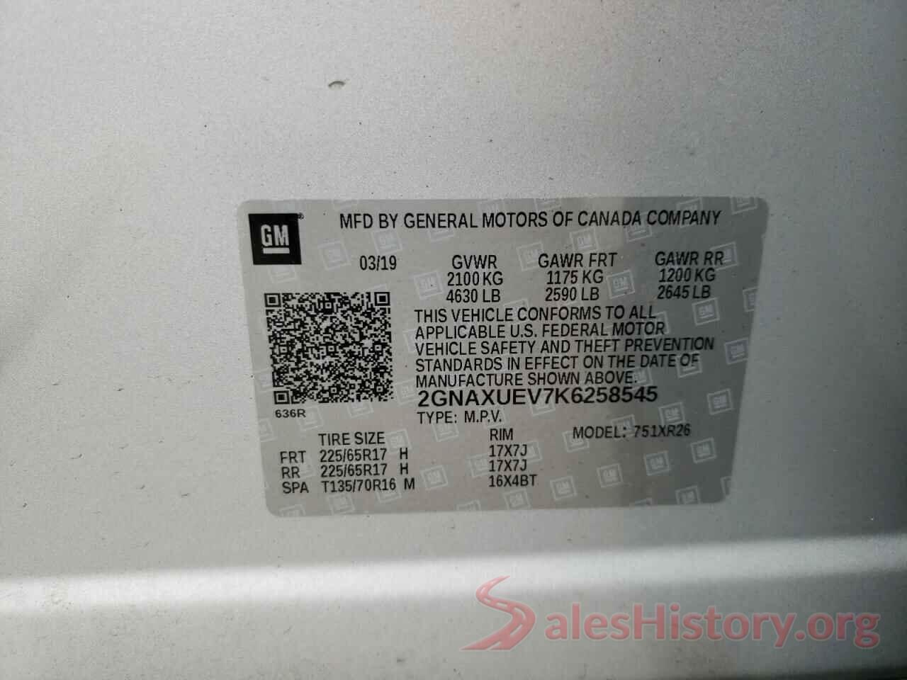 2GNAXUEV7K6258545 2019 CHEVROLET EQUINOX