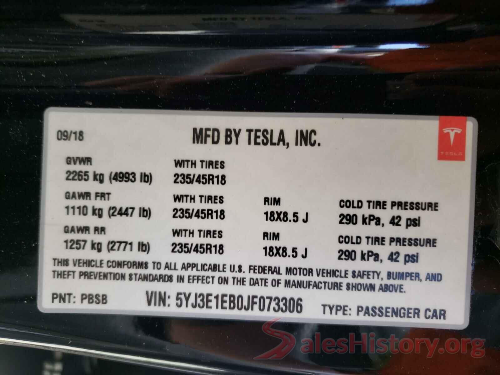 5YJ3E1EB0JF073306 2018 TESLA MODEL 3