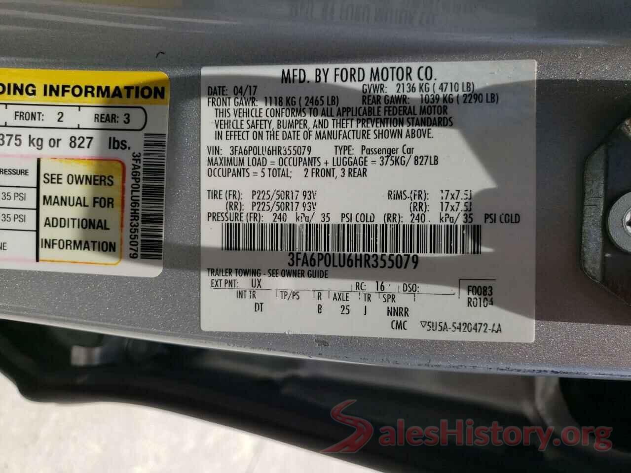 3FA6P0LU6HR355079 2017 FORD FUSION