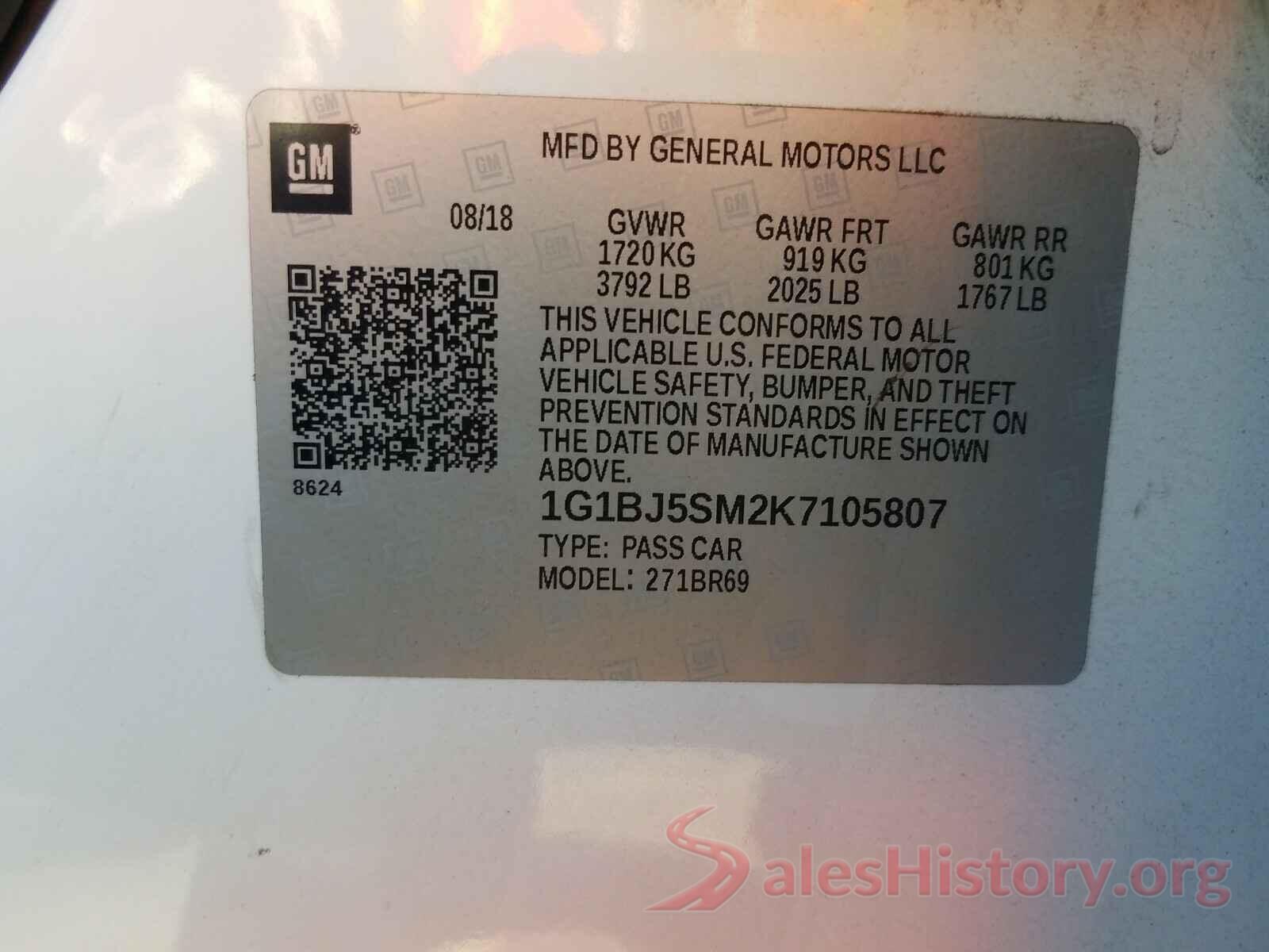 1G1BJ5SM2K7105807 2019 CHEVROLET CRUZE