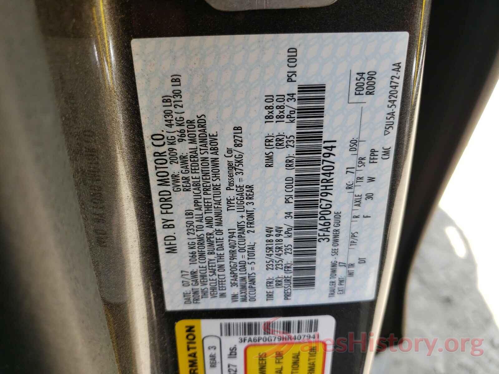 3FA6P0G79HR407941 2017 FORD FUSION