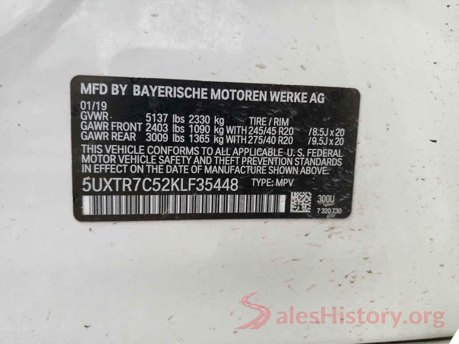 5UXTR7C52KLF35448 2019 BMW X3