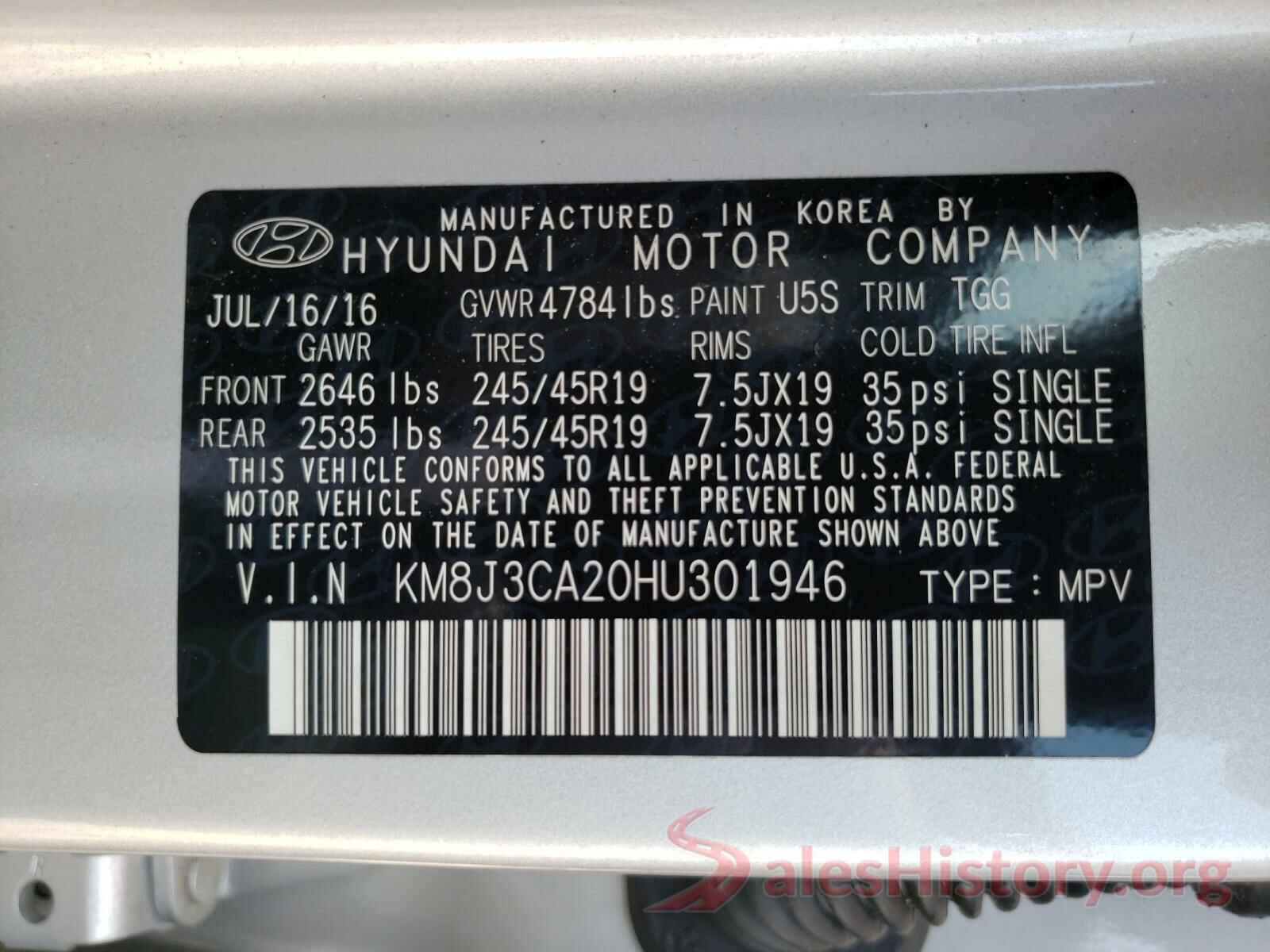 KM8J3CA20HU301946 2017 HYUNDAI TUCSON