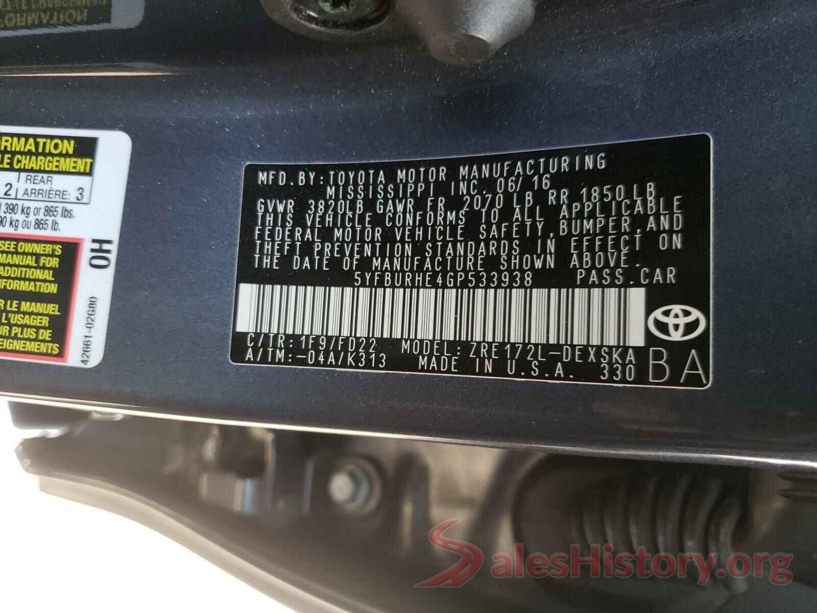 5YFBURHE4GP533938 2016 TOYOTA COROLLA