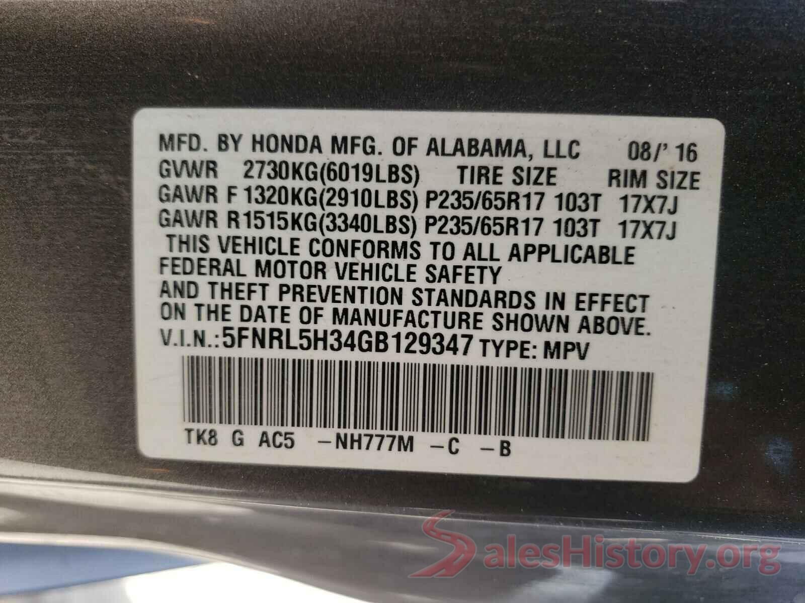 5FNRL5H34GB129347 2016 HONDA ODYSSEY