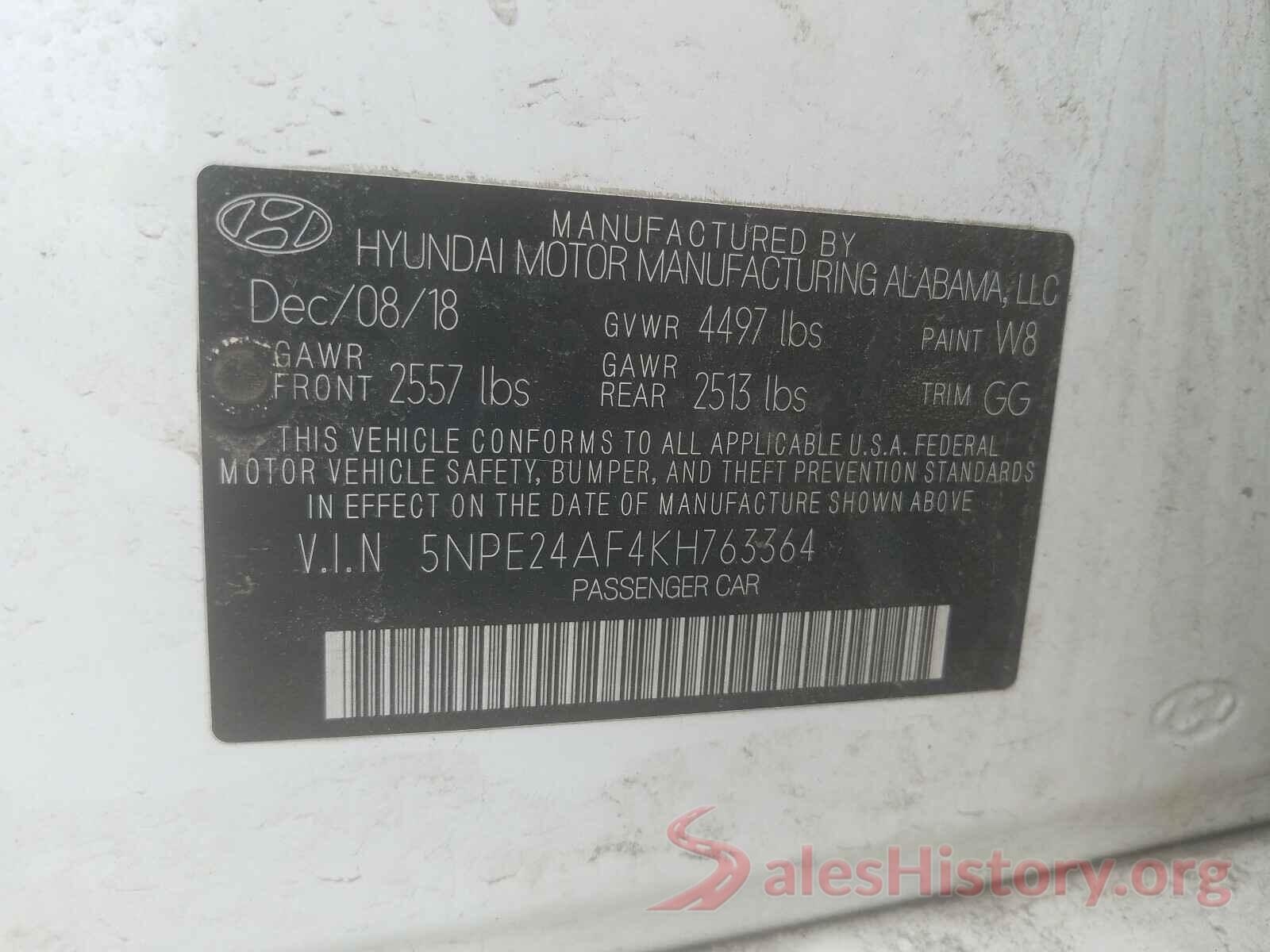 5NPE24AF4KH763364 2019 HYUNDAI SONATA