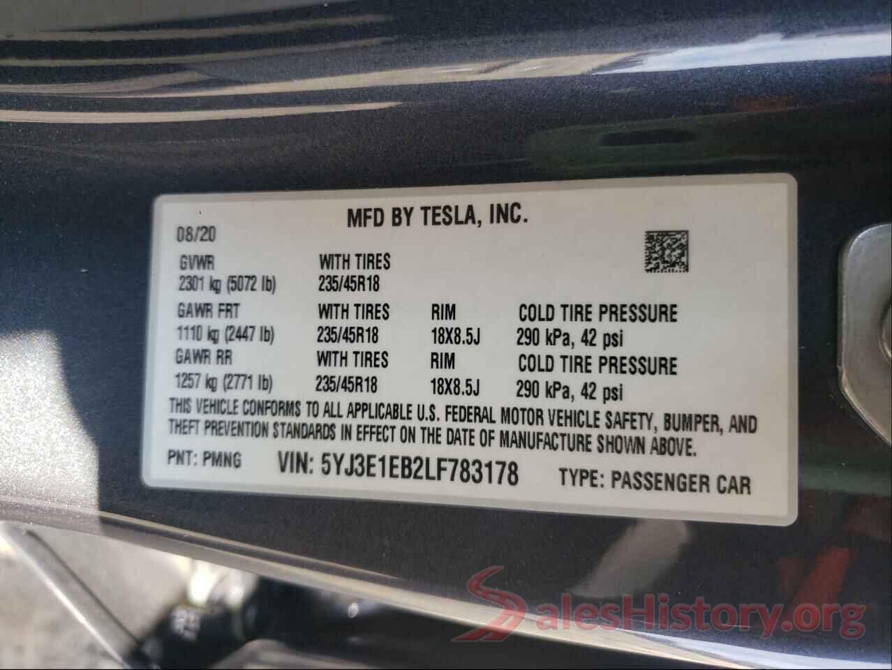 5YJ3E1EB2LF783178 2020 TESLA MODEL 3